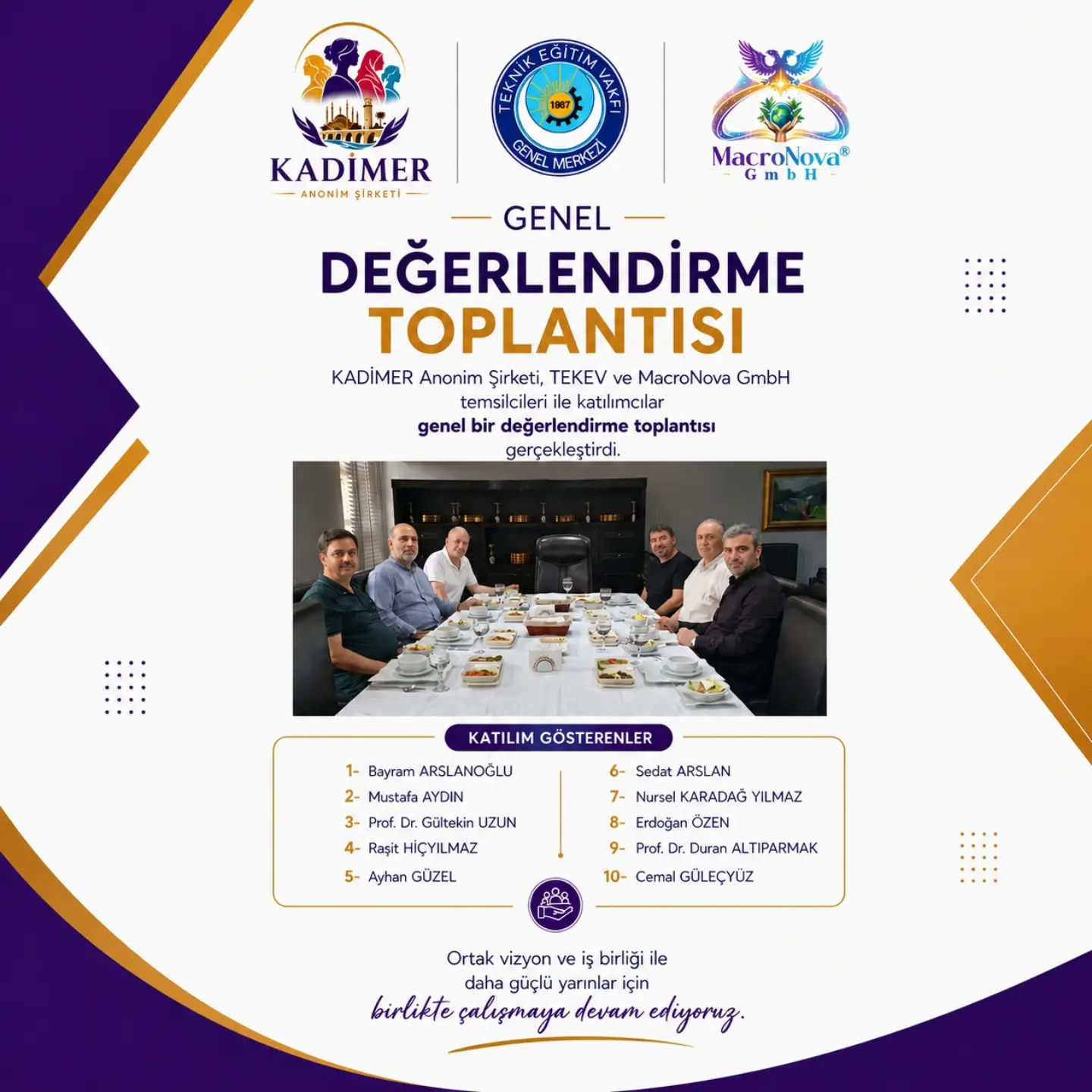 Genel Değerlendirme Toplantısı Gerçekleştirildi
KADİMER Anonim Şirketi, Teknik Eğitim Vakfı (TEKEV) Genel Merkezi ve MacroNova GmbH temsilcilerinin katılımıyla verimli bir Genel Değerlendirme Toplantısı gerçekleştirildi.
Toplantıda; kurumlar arasındaki iş birliğinin daha da güçlendirilmesine yönelik görüş alışverişinde bulunulmuş, yürütülen çalışmalar kapsamlı şekilde değerlendirilmiş ve geleceğe yönelik ortak hedefler ile yeni proje fırsatları üzerine istişarelerde bulunulmuştur. — Makrokozmos EBA