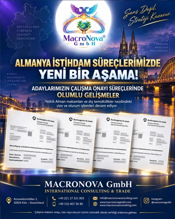 ALMANYA İSTİHDAM SÜREÇLERİMİZDE YENİ BİR AŞAMA!

Adaylarımızın Almanya’daki istihdam süreçleri kapsamında, Alman Federal İş Ajansı nezdindeki çalışma onayı işlemlerinde önemli ve olumlu gelişmeler kaydedilmiştir. — Makrokozmos EBA